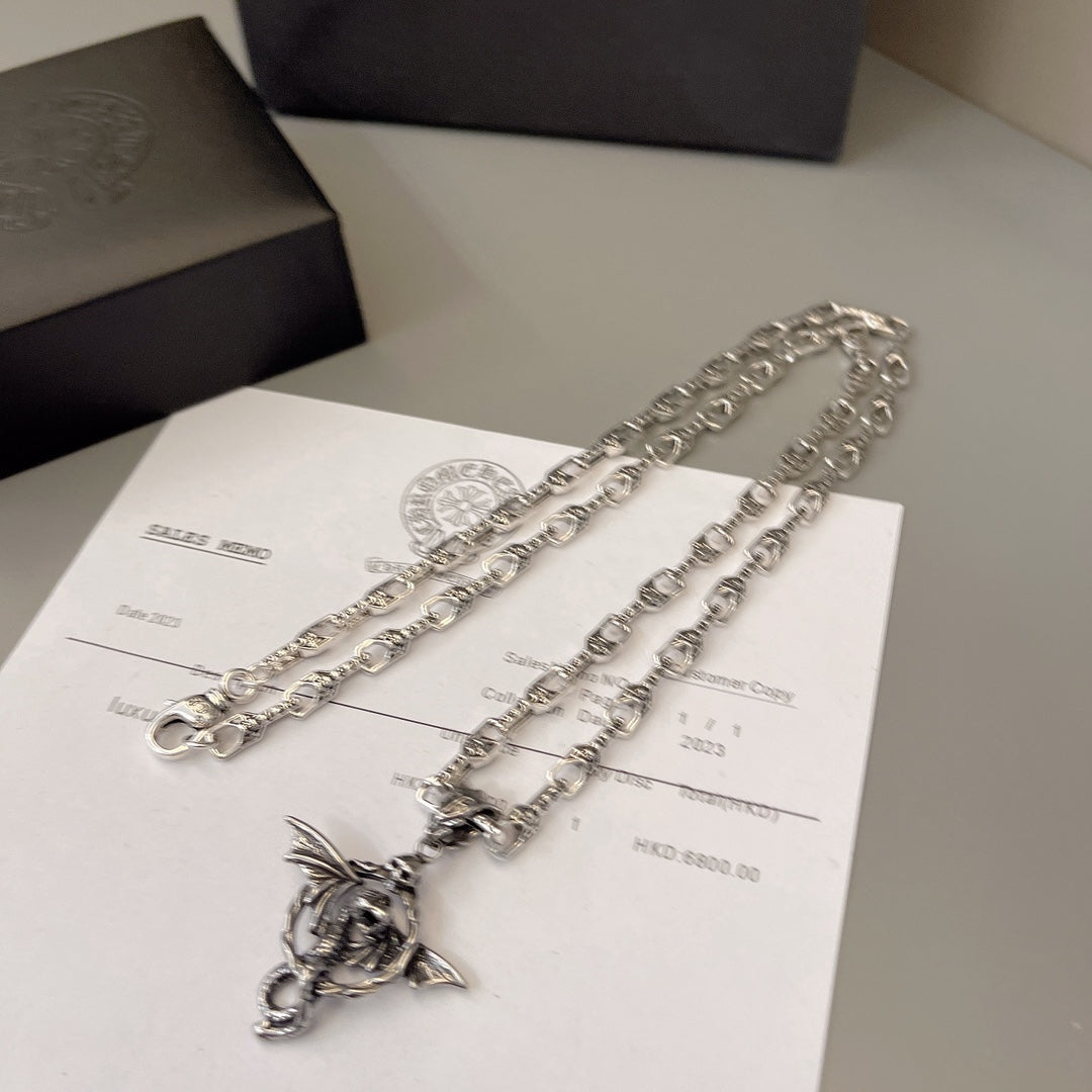 Chrome Hearts Skull and Flying Dragon Pendant Necklace