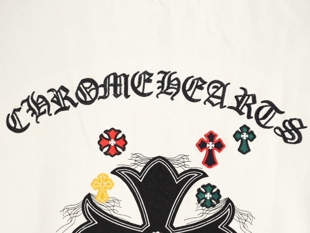 Chrome Hearts 2026 SS Multi-Color Cross Embroidered T-Shirt - Off-White Unisex Cotton Tee with Gothic Logo