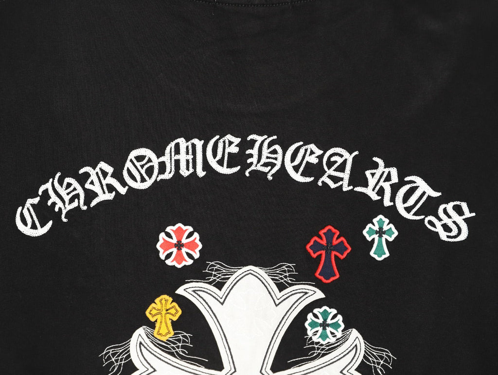 Chrome Hearts 2026 SS Multi-Color Cross Embroidered T-Shirt - Black Unisex Cotton Tee with Gothic Logo