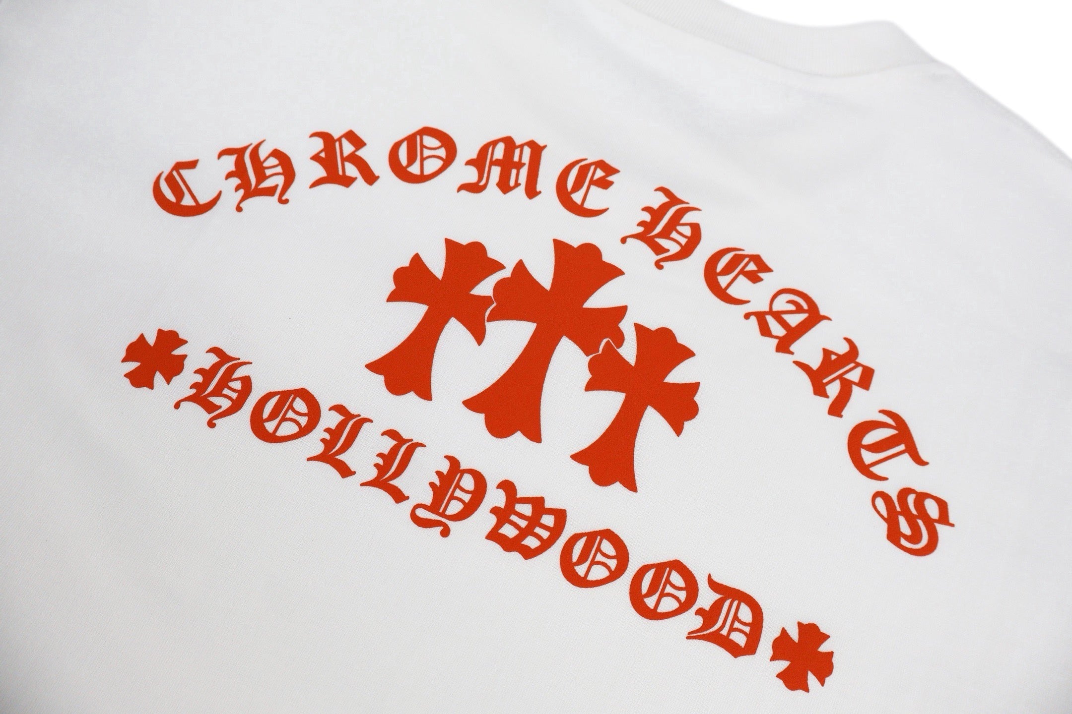 Chrome Hearts Hollywood Triple Cross Pocket T-Shirt - White Tee with Red Logo Print
