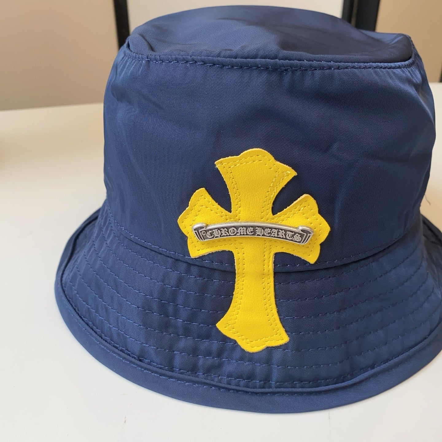 Chrome Hearts Dark Blue & Yellow Cross Leather-Appliqué Bucket Hat
