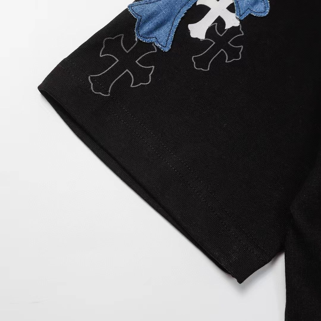 Chrome Hearts 2026 SS Blue & White Cross Embroidered T-Shirt - Black Unisex Cotton Tee with Gothic Logo