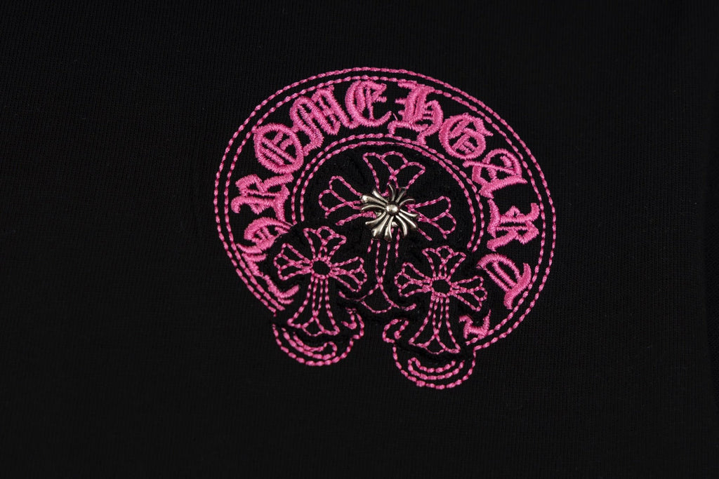Chrome Hearts Black T-Shirt with Pink Embroidered Horseshoe Cross Graphic