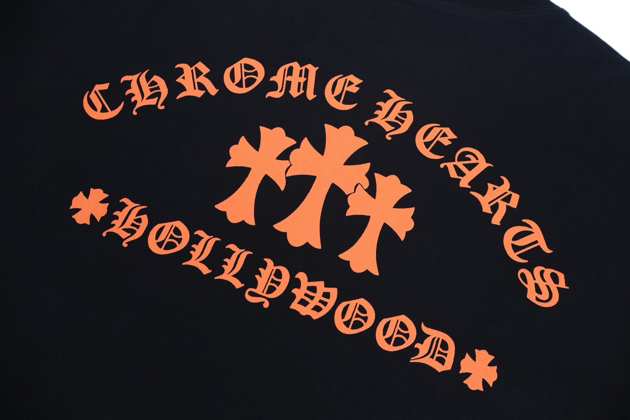 Chrome Hearts Hollywood Triple Cross Pocket T-Shirt - Black Tee with Orange Logo Print