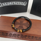 Chrome Hearts Tiger's Eye Cross Leather Cord Bracelet