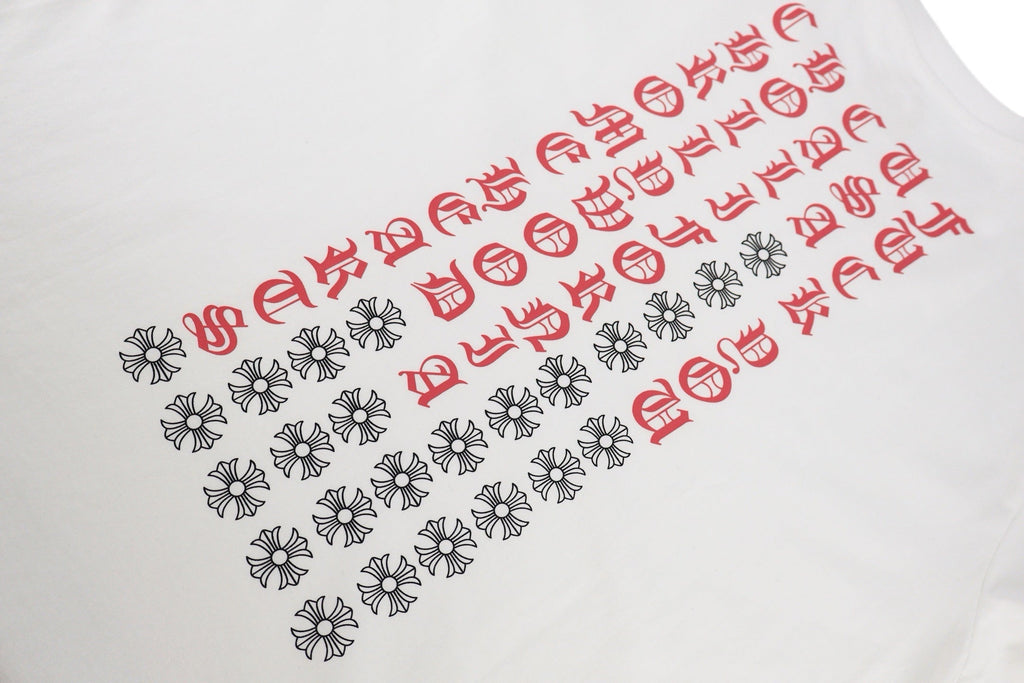 Chrome Hearts Style Tokyo Exclusive Pocket T-Shirt - Vertical Gothic Print & Floral Cross Grid, White Cotton Streetwear Tee