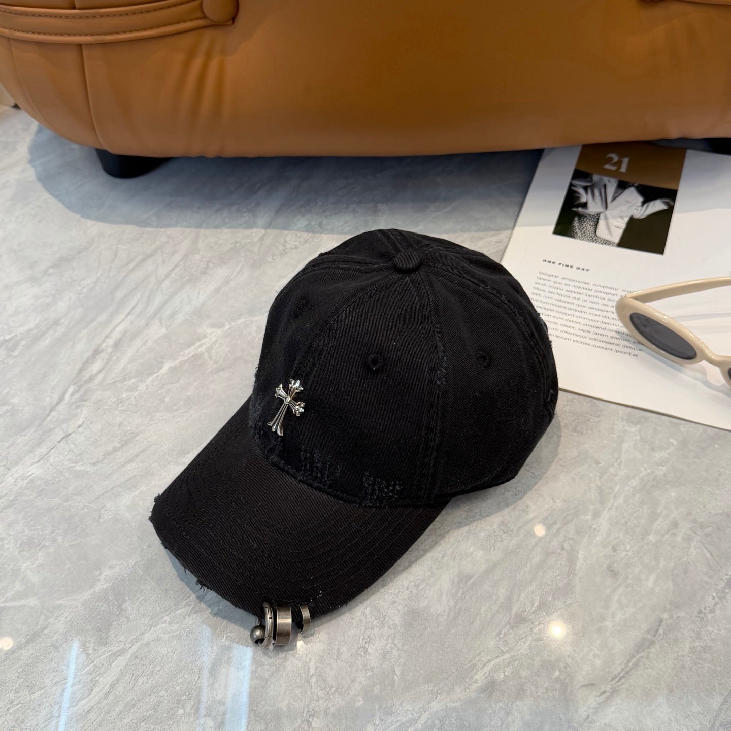 Chrome Hearts Black Washed, Distressed Soft-Top Baseball Cap