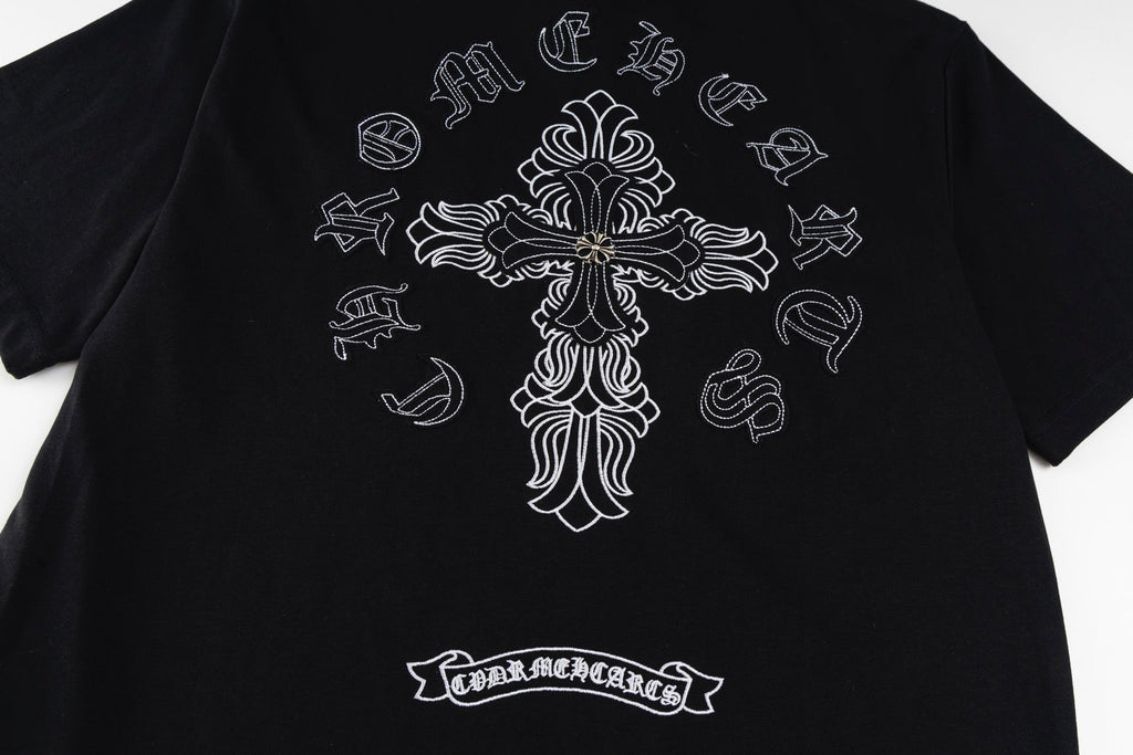 Chrome Hearts 2026 SS White Embroidered Cross T-Shirt - Black Unisex Cotton Tee with Gothic Logo