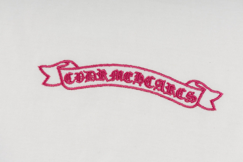 Chrome Hearts White T-Shirt with Pink Triple Cross Horseshoe Graphic