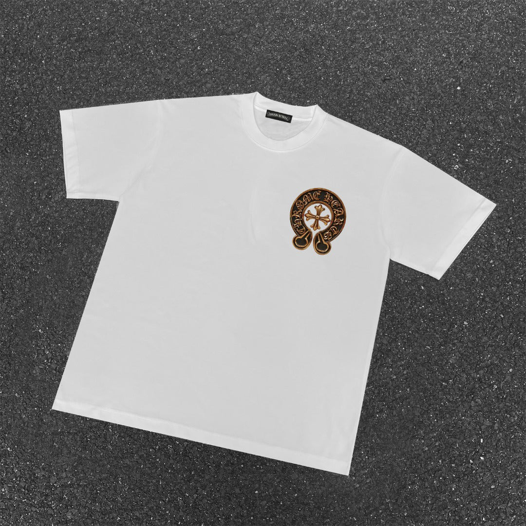 Chrome Hearts Style Gold Horseshoe Cross T-Shirt - 3D Metallic Embossed Graphic, Black Cotton Streetwear Tee