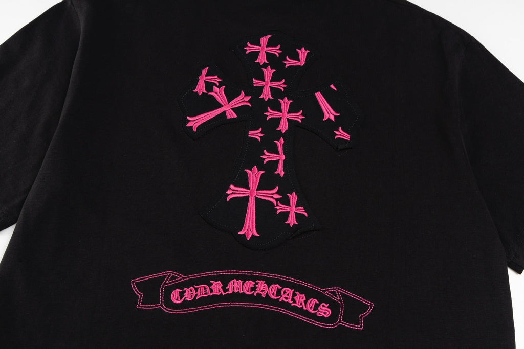 Chrome Hearts Black T-Shirt with Pink Multi-Cross Appliqué and Embroidery