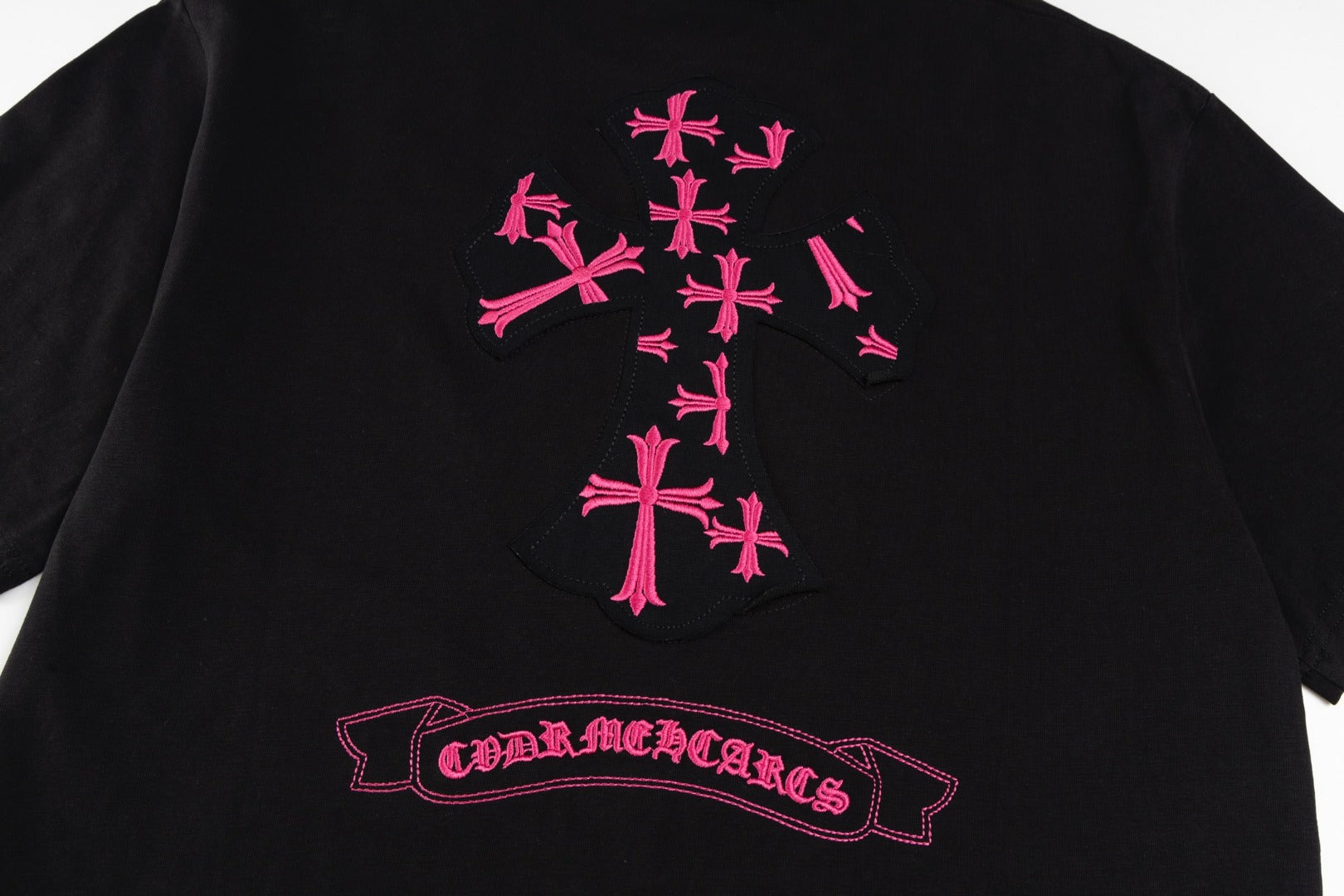 Chrome Hearts Black T-Shirt with Pink Multi-Cross Appliqué and Embroidery
