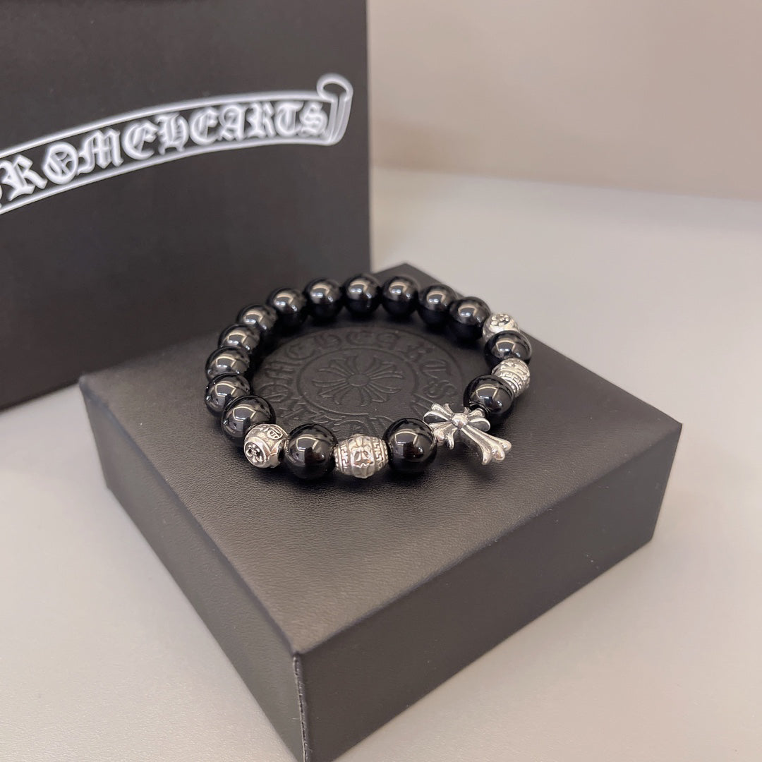 Chrome Hearts Obsidian Cross Beaded Bracelet