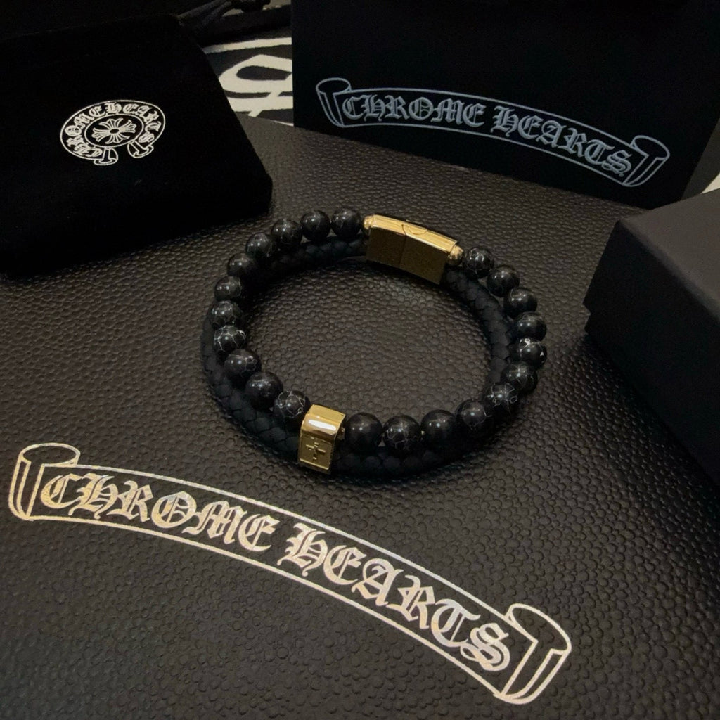 Chrome Hearts Double-Layer Bracelet: Volcanic Stone and Leather