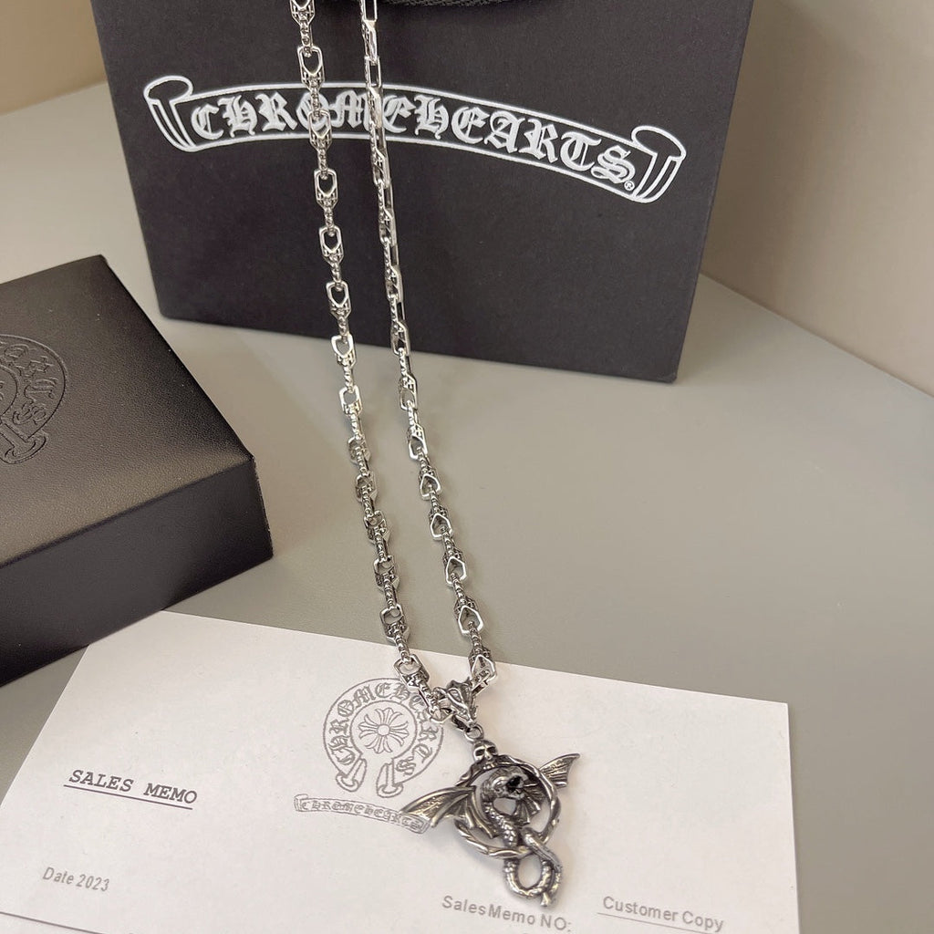Chrome Hearts Skull and Flying Dragon Pendant Necklace