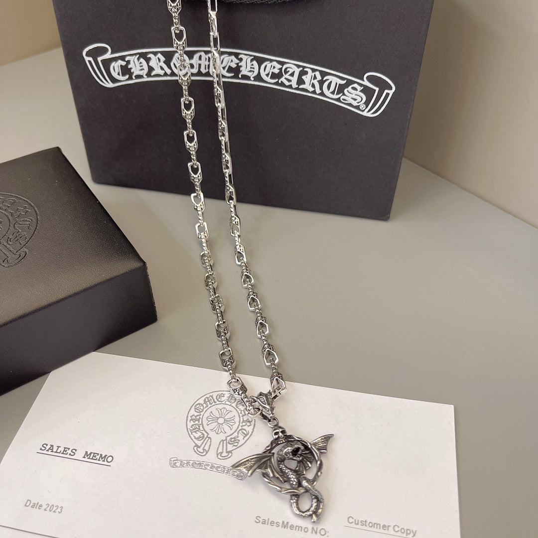 Chrome Hearts Skull and Flying Dragon Pendant Necklace