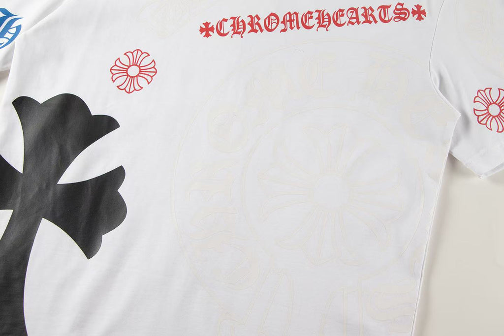 Chrome Hearts 2026 SS Multi-Graphic Logo T-Shirt - White Unisex Cotton Streetwear Tee with Cross & Floral Motifs
