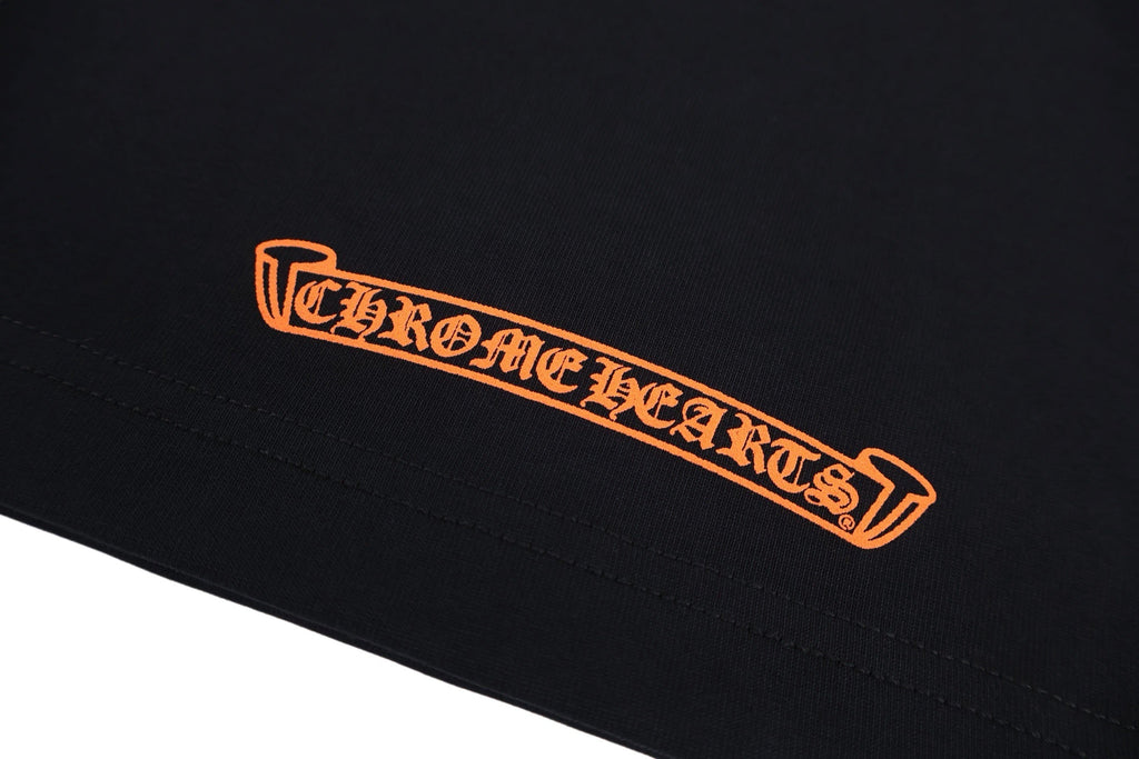 Chrome Hearts Hollywood Triple Cross Pocket T-Shirt - Black Tee with Orange Logo Print