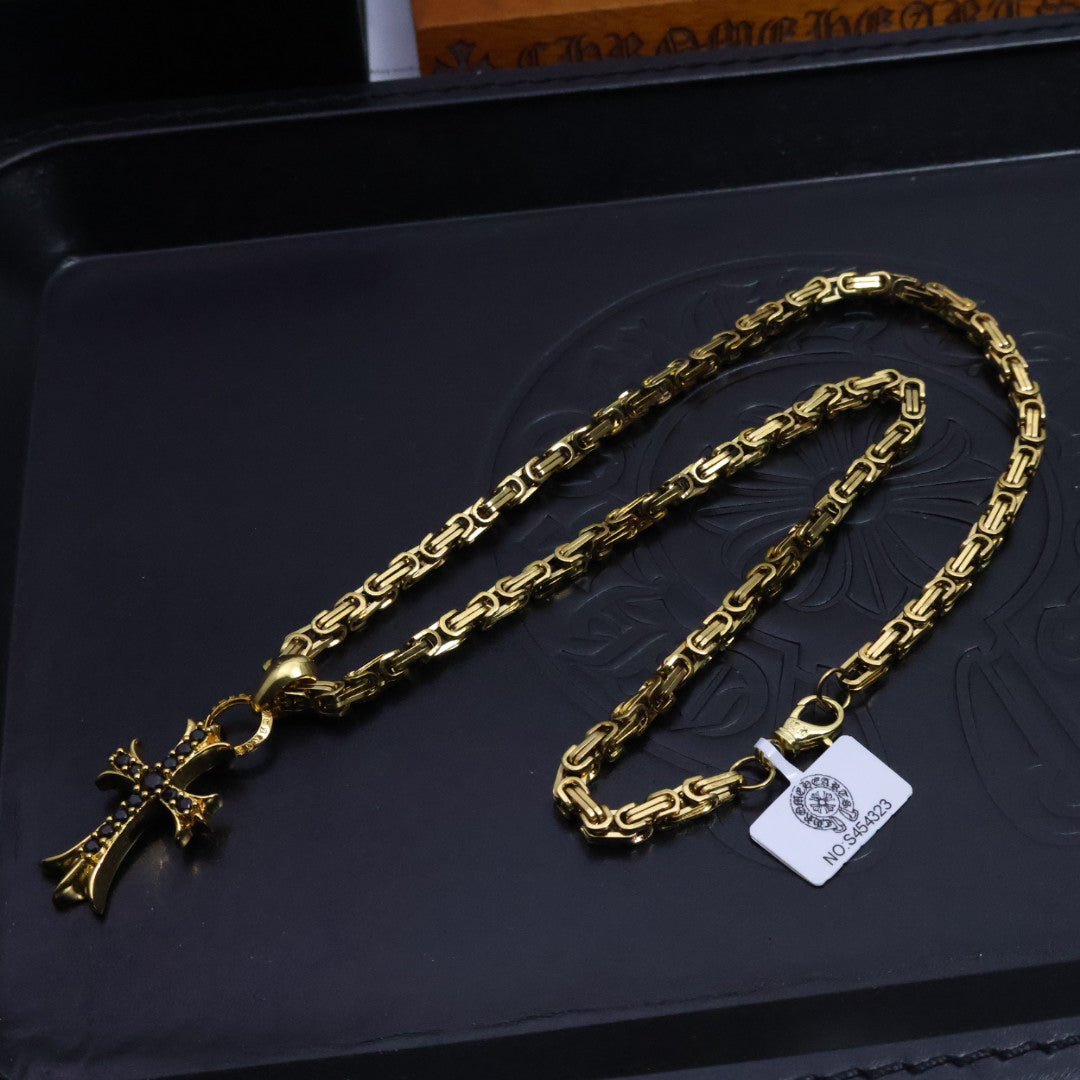 Chrome Hearts 22K Gold & Black Diamond Cross Necklace