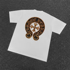 Chrome Hearts Style Gold Horseshoe Cross T-Shirt - 3D Metallic Embossed Graphic, Black Cotton Streetwear Tee