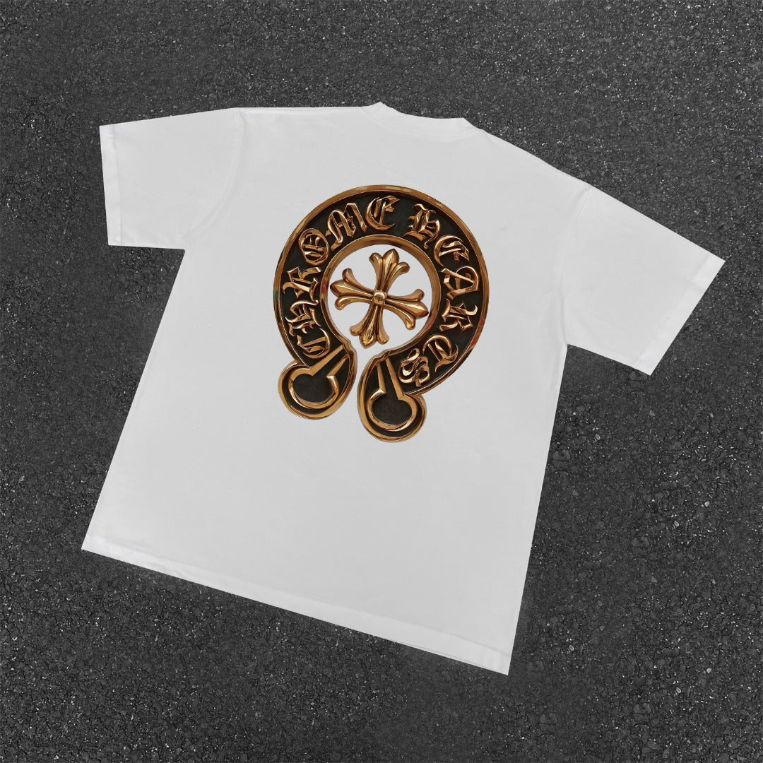 Chrome Hearts Style Gold Horseshoe Cross T-Shirt - 3D Metallic Embossed Graphic, Black Cotton Streetwear Tee