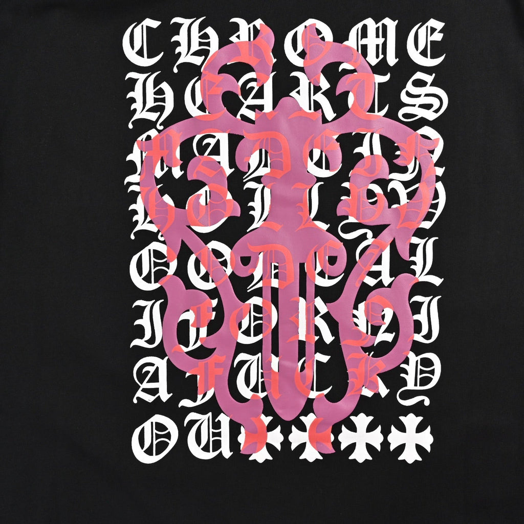 Chrome Hearts 2026 SS Gothic Dagger & Monogram Pocket T-Shirt - Black Unisex Cotton Tee with Pink Cross Motif
