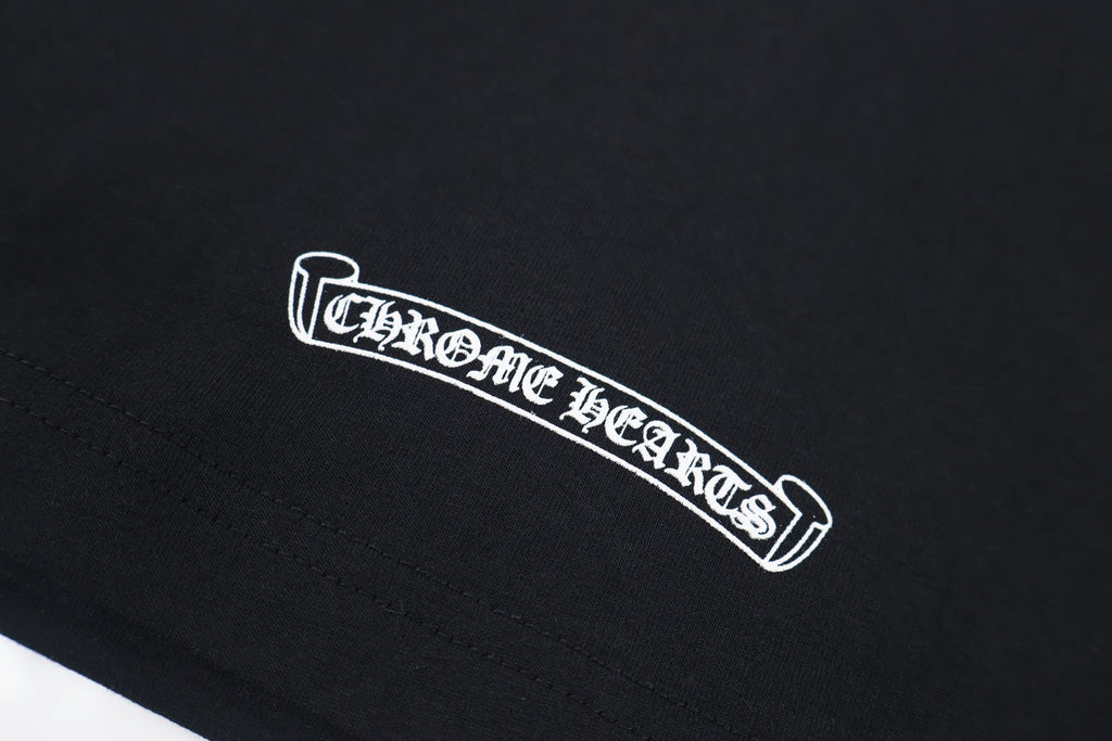 Chrome Hearts Style Black T-Shirt - Pink Gothic Back Print & Pocket Logo, Cotton Streetwear Tee