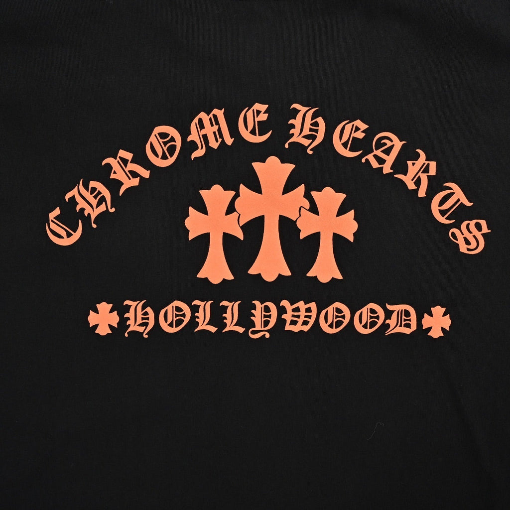 Chrome Hearts 2026 SS Hollywood Triple Cross Pocket T-Shirt - Black Unisex Cotton Tee with Orange Gothic Logo
