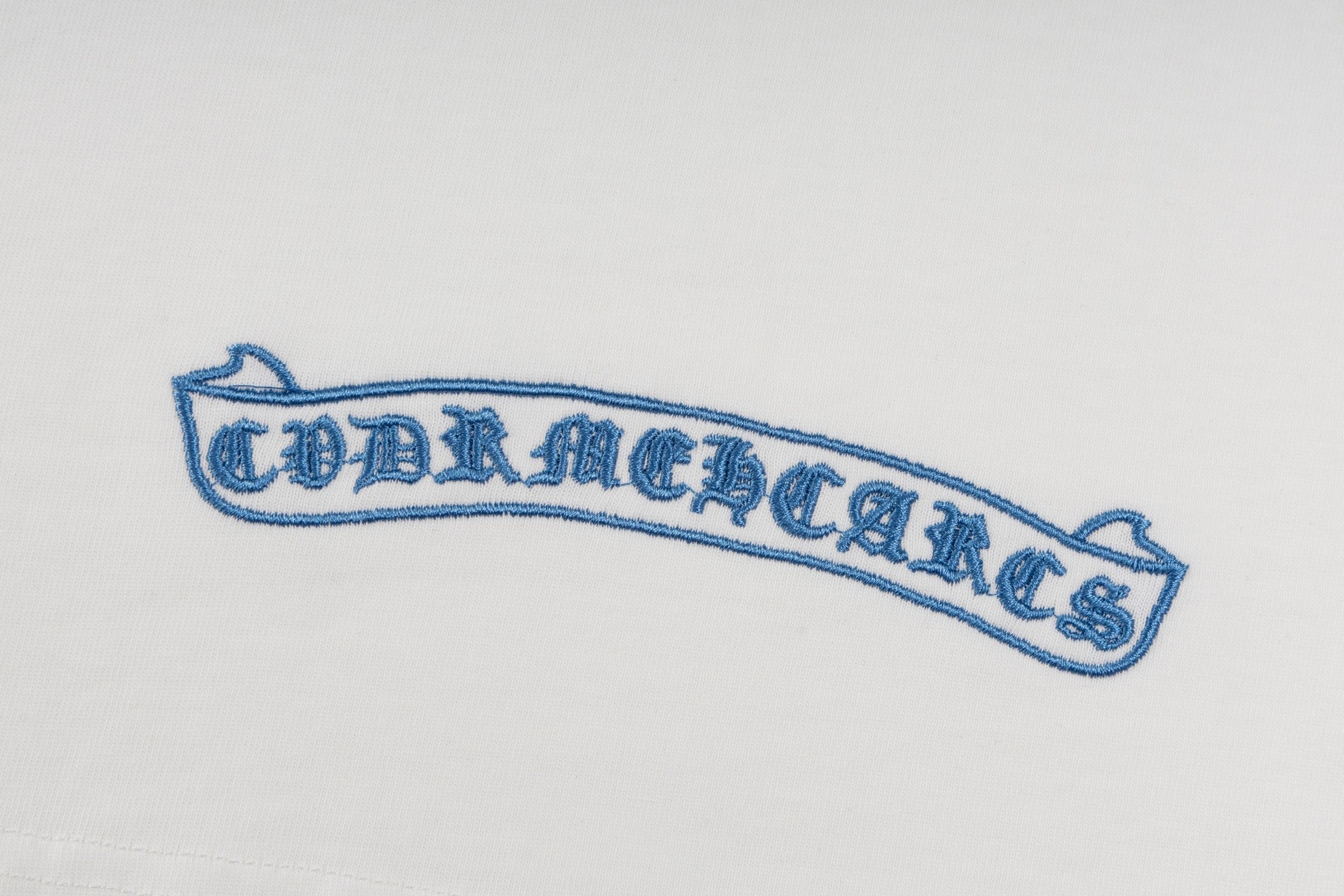 Chrome Hearts Style Plaid Horseshoe Cross T-Shirt - White with Blue Embroidery, Vintage Wash Cotton Streetwear Tee