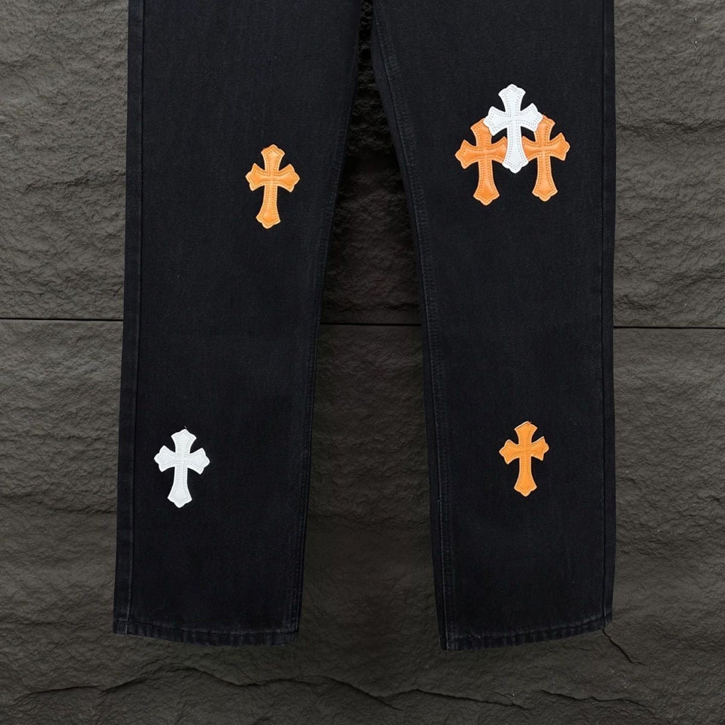 Chrome Hearts Black Denim Jeans with Colorful Leather Cross Patches