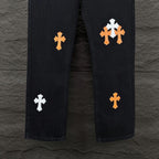 Chrome Hearts Black Denim Jeans with Colorful Leather Cross Patches