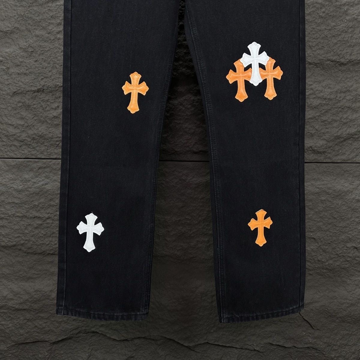 Chrome Hearts Black Denim Jeans with Colorful Leather Cross Patches