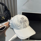 Chrome Hearts-Style White Distressed Baseball Cap