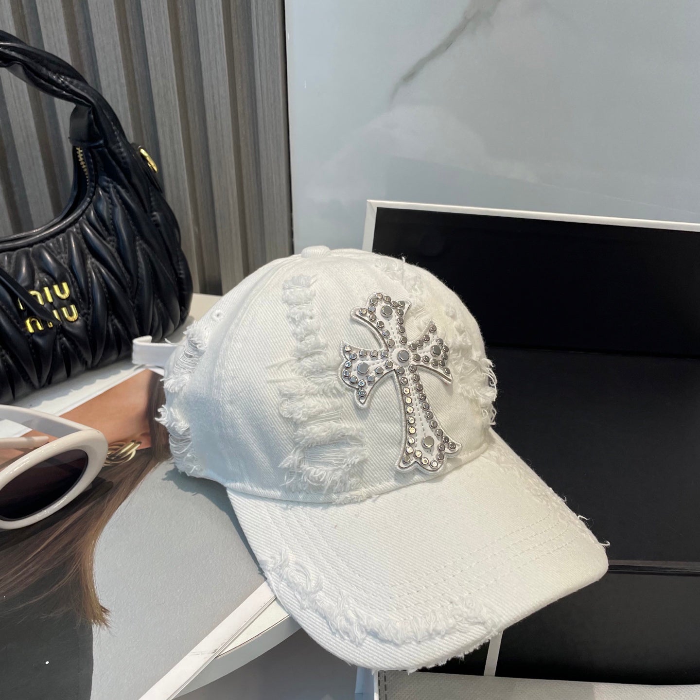 Chrome Hearts-Style White Distressed Baseball Cap