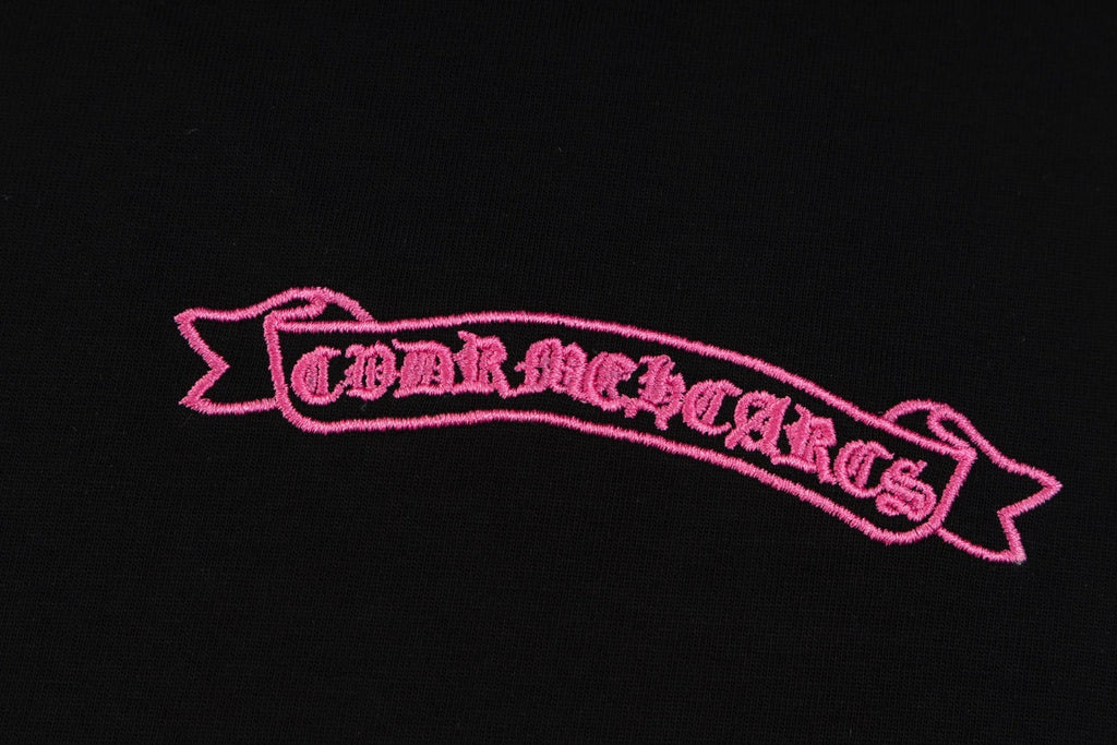Chrome Hearts Black T-Shirt with Pink Embroidered Horseshoe Cross Graphic