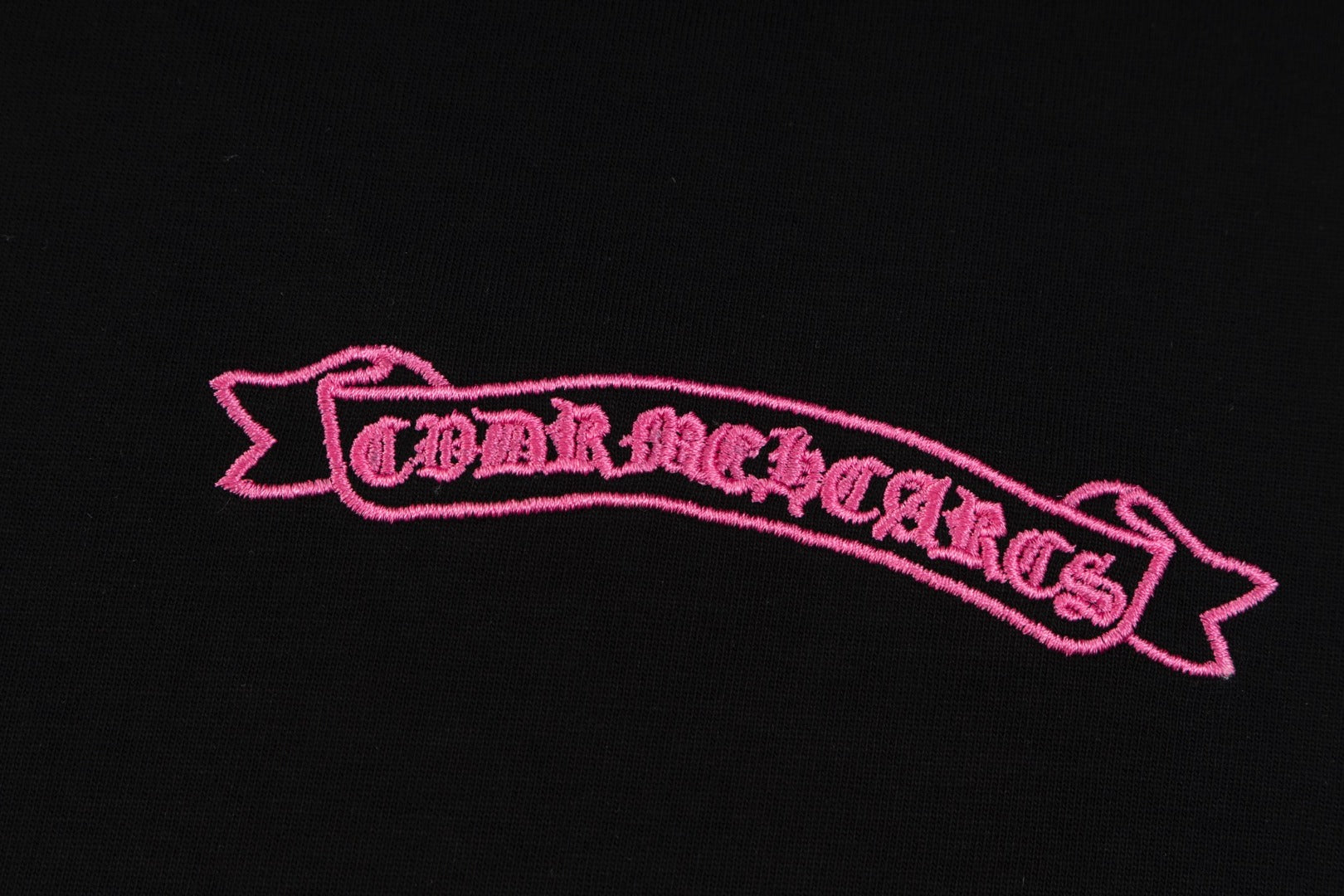 Chrome Hearts Black T-Shirt with Pink Embroidered Horseshoe Cross Graphic