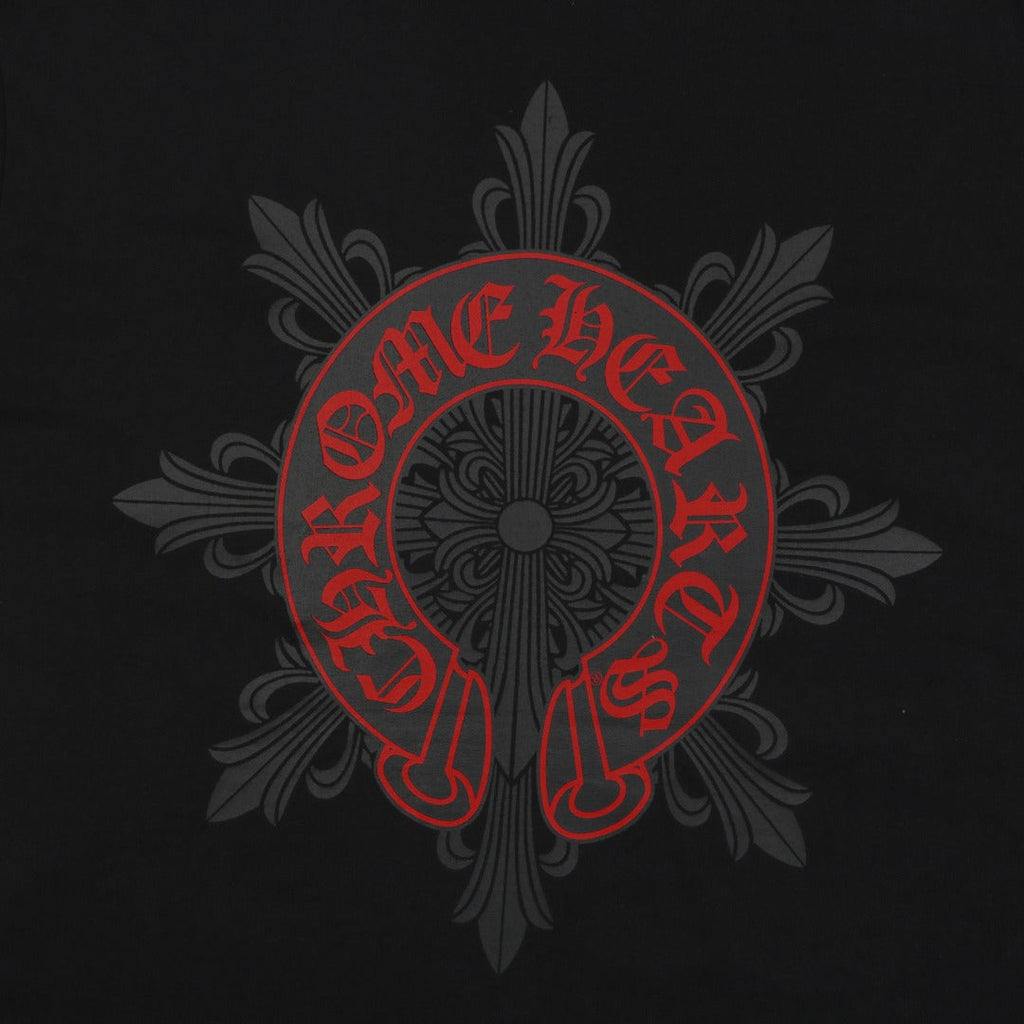 Chrome Hearts Style Red Embroidered Horseshoe Pocket T-Shirt - Black Cotton Streetwear Tee