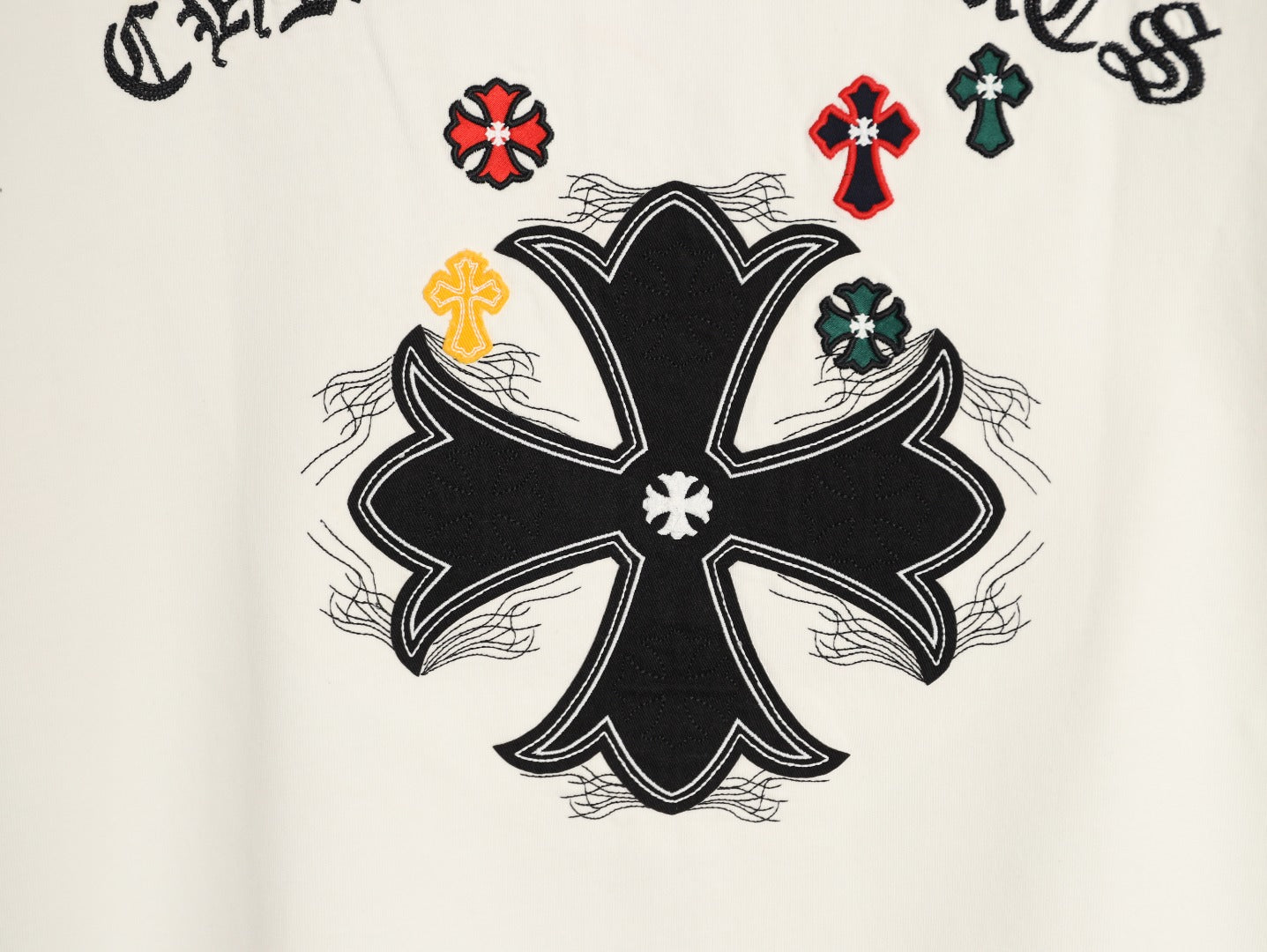 Chrome Hearts 2026 SS Multi-Color Cross Embroidered T-Shirt - Off-White Unisex Cotton Tee with Gothic Logo