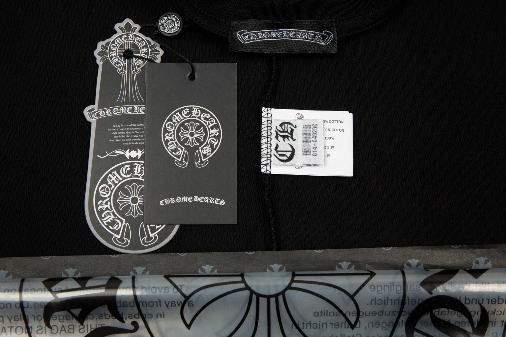 Chrome Hearts 2026 SS Blue & White Cross Embroidered T-Shirt - Black Unisex Cotton Tee with Gothic Logo