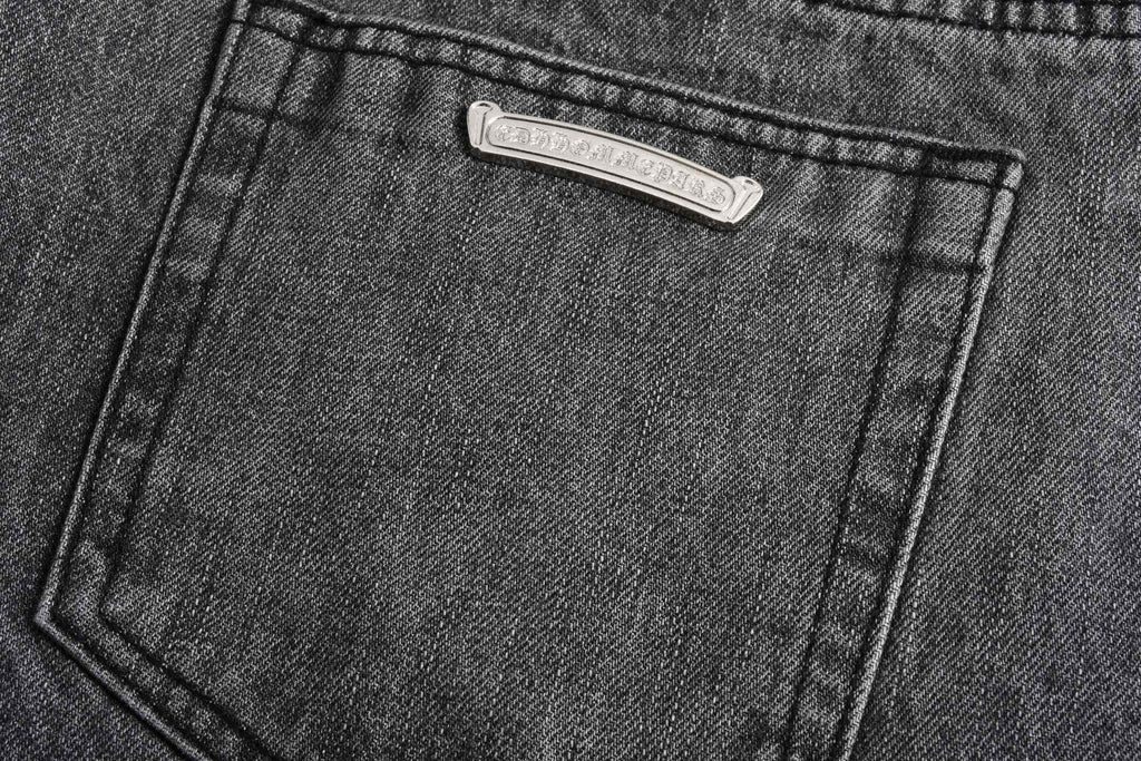 Chrome Hearts Limited Edition Black & Grey Washed Denim Jeans with Flame Leather Appliqués