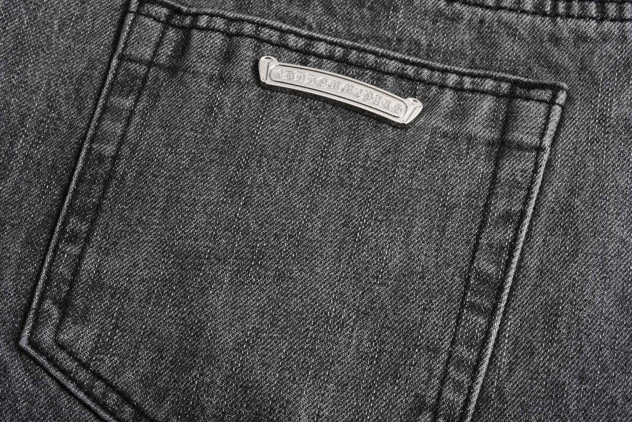 Chrome Hearts Limited Edition Black & Grey Washed Denim Jeans with Flame Leather Appliqués