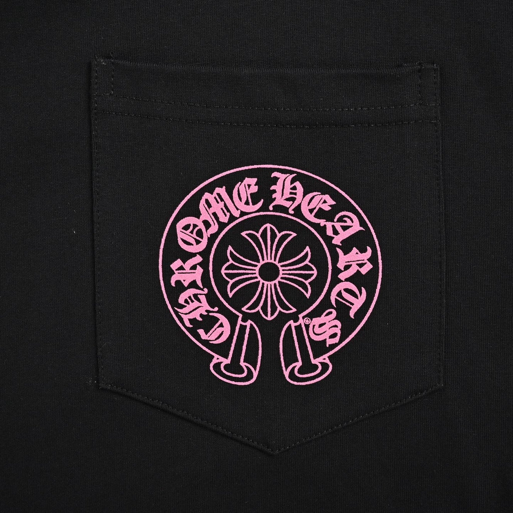 Chrome Hearts 2026 SS Pink Horseshoe & Cross Pocket T-Shirt - Black Unisex Cotton Tee with Gothic Logo