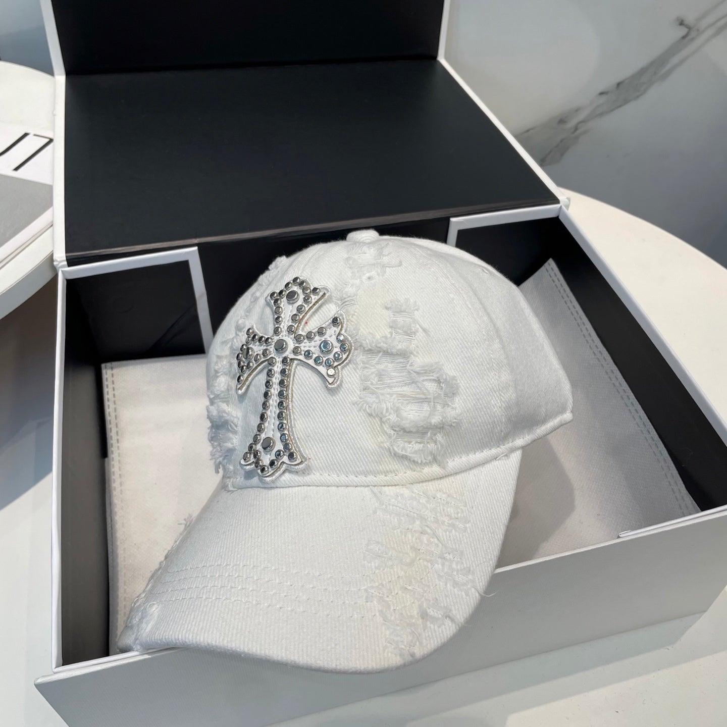 Chrome Hearts-Style White Distressed Baseball Cap
