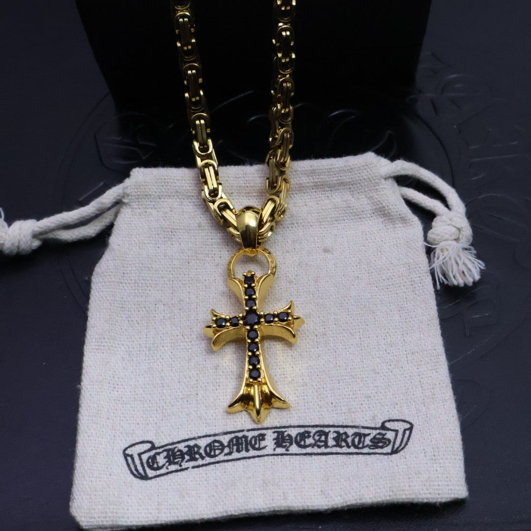 Chrome Hearts 22K Gold & Black Diamond Cross Necklace