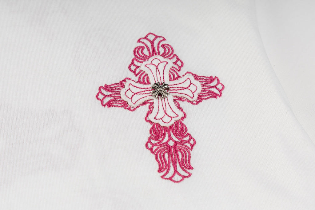 Chrome Hearts 2026 SS Pink Embroidered Cross T-Shirt - White Unisex Cotton Tee with Gothic Logo