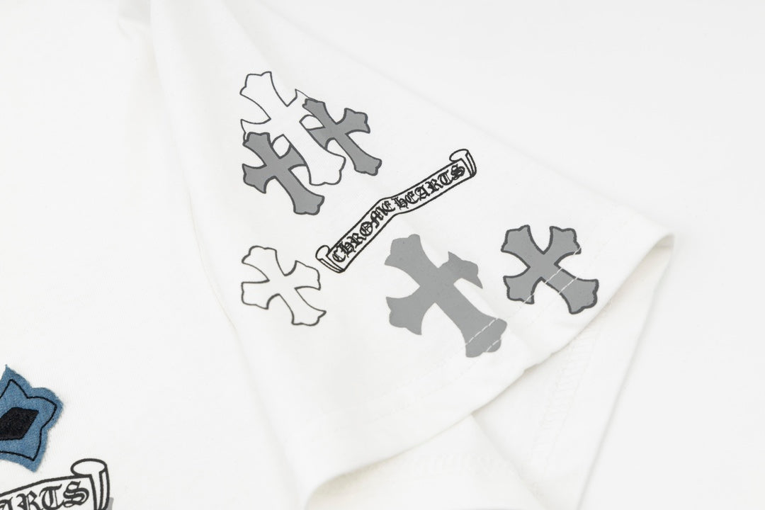 Chrome Hearts 2026 SS Blue & Silver Cross Embroidered T-Shirt - White Unisex Cotton Tee with Gothic Logo