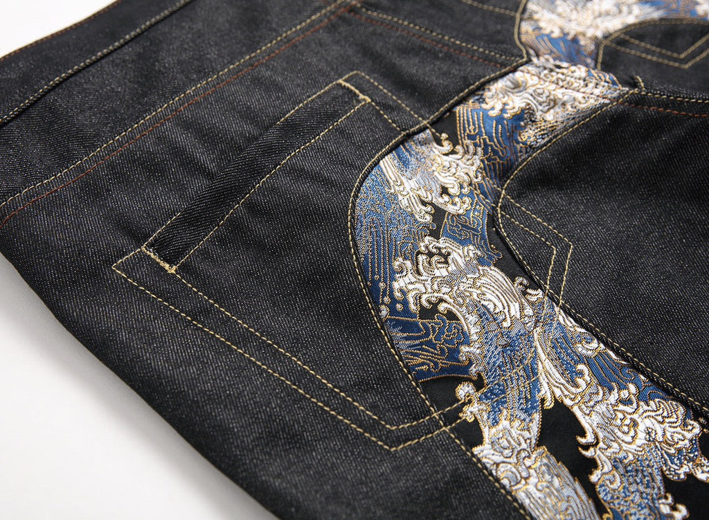 Evisu Men's "Great Wave" Ukiyo-e Embroidered Jeans – Raw Denim Japanese Streetwear