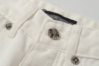 Chrome Hearts' classic white denim jeans with a colored leather cross wash.