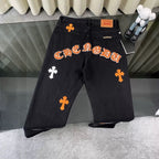 Chrome Hearts Black Denim Jeans with Colorful Leather Cross Patches