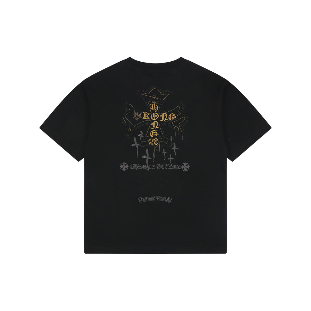 Chrome Hearts Style Black T-Shirt with Gold Cross Graphic and Bottom Logo - Premium Cotton Streetwear Tee